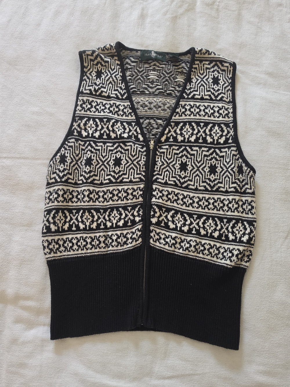 Hunt Club Black & Cream Fair Isle Zip V-Neck Vest